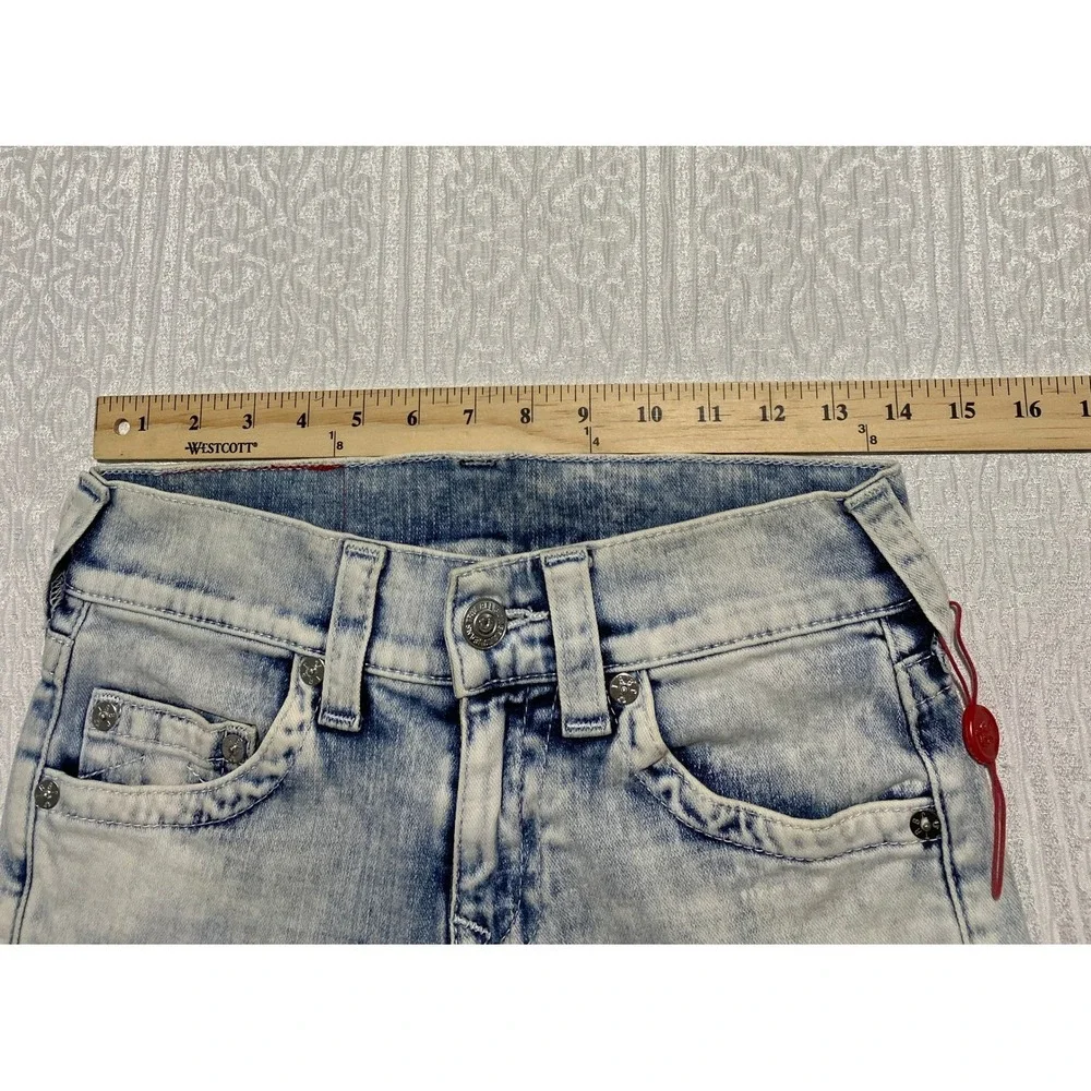 True Religion Pleated Moto Skinny Jeans Light Acid Wash Blue‎ Size 27